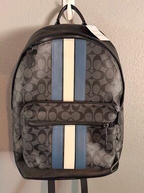 Coach Men's Signature Canvas Backpack in Charcoal with Blue & Cream Stripes